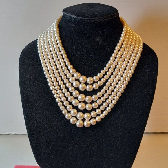 Vintage Six Strand Faux Pearl graduated necklace - Picture 1 of 8